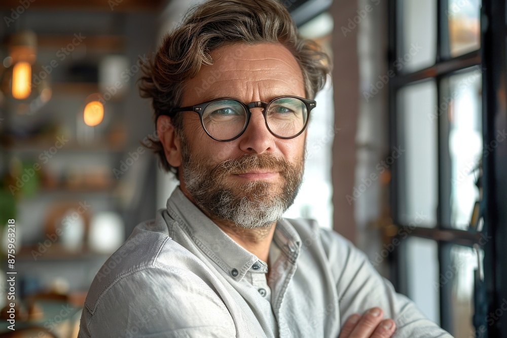 A mature man with a beard and glasses, standing indoors with his arms crossed, gazing directly at the camera, exuding confidence and a contemplative demeanor. A mature man with a beard and glasses, standing indoors with his arms crossed, gazing directly at the camera, exuding confidence and a contemplative demeanor.