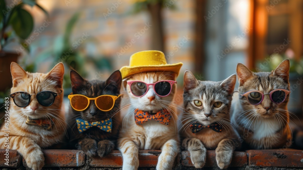 Group of five stylish cats wearing sunglasses and bow ties sitting on a brick wall in an outdoor garden setting with blurred background, showcasing their personalities and accessoriescats Group of five stylish cats wearing sunglasses and bow ties sitting on a brick wall in an outdoor garden setting with blurred background, showcasing their personalities and accessoriescats