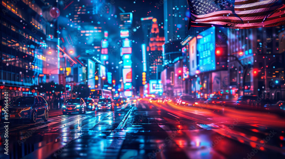 Futuristic city with blurred USA flag background Futuristic city with blurred USA flag background