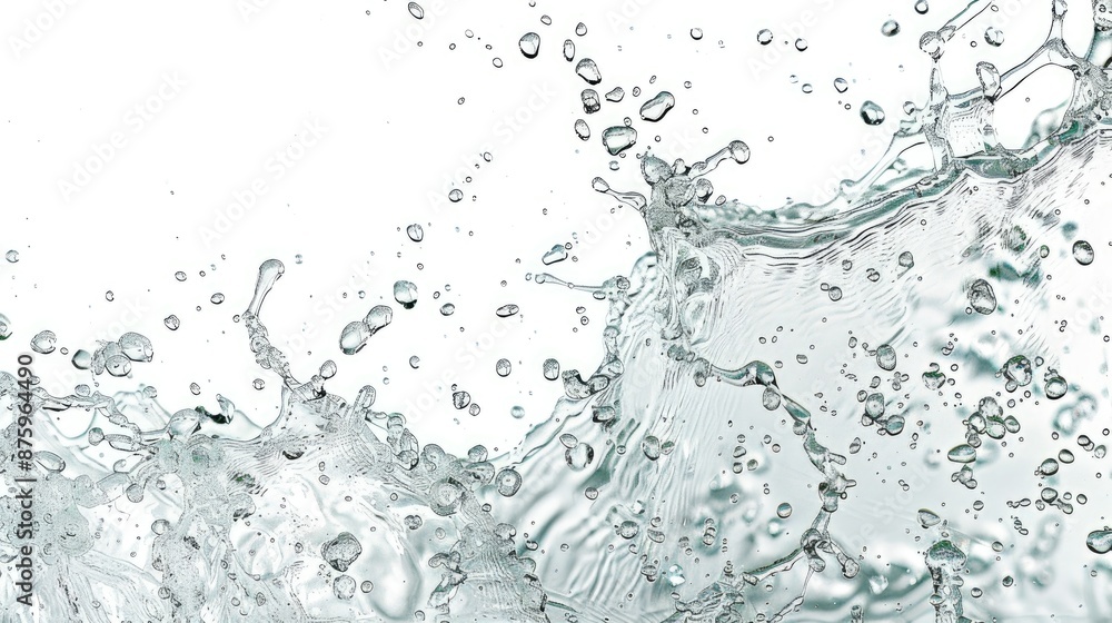 Water splashes displaying movement with air bubbles on a white background with empty space for text Water splashes displaying movement with air bubbles on a white background with empty space for text
