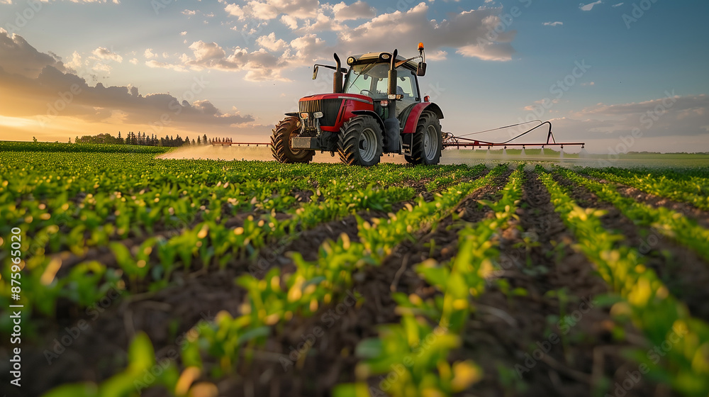 Tractor spraying fertilizer and pesticides on a field in the afternoon Tractor spraying fertilizer and pesticides on a field in the afternoon