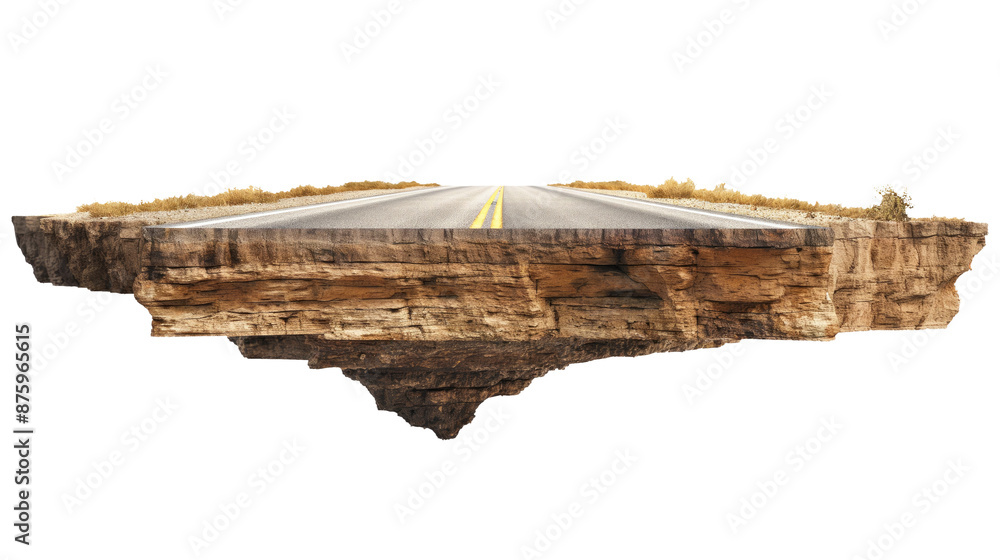 cut of the ground and the desert road floating in the air isolated on transparent white background, clipping path cut of the ground and the desert road floating in the air isolated on transparent white background, clipping path