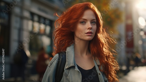 Pretty Red-Haired Woman Walking in Street