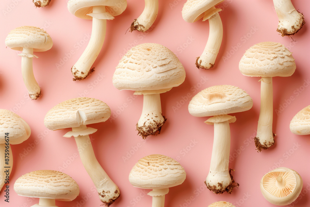 Fresh mushrooms on pink background vegetarian food organic fungi raw ingredient concept Fresh mushrooms on pink background vegetarian food organic fungi raw ingredient concept