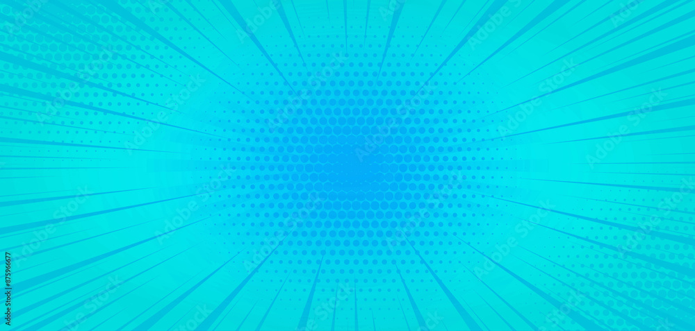 Obraz premium Flat blue comic style design background. Template with rays, Pop art comic background lightning blast halftone dots. Comic speech bubble and effect in pop art style. Funny retro pattern strip mockup