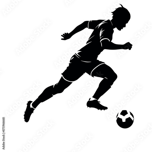 Soccer player kicking ball vector silhouette, white background