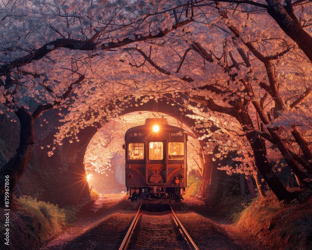 Naklejka premium Vintage train passing through a tunnel of blossoming cherry trees, with warm lights glowing at dusk, creating a magical atmosphere.