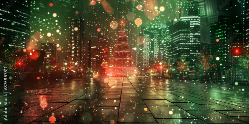 Vibrant Christmas Tree in Illuminated Urban Setting with Festive Decorations, cityscape, lights, holiday spirit, seasonal magic, night view - holiday season concept Vibrant Christmas Tree in Illuminated Urban Setting with Festive Decorations, cityscape, lights, holiday spirit, seasonal magic, night view - holiday season concept