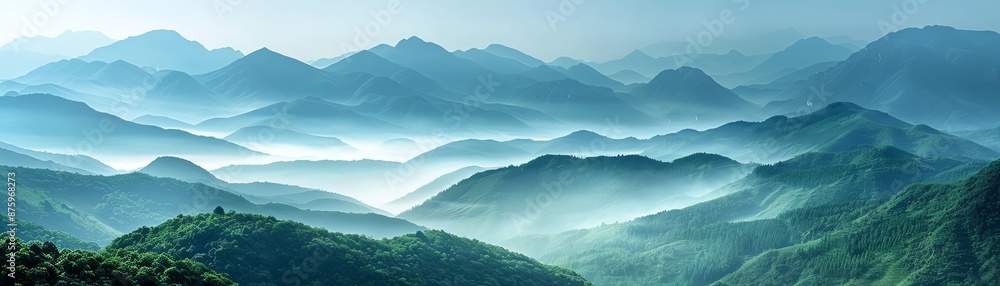 A breathtaking landscape of mountains enveloped in mist with lush greenery, under a clear blue sky A breathtaking landscape of mountains enveloped in mist with lush greenery, under a clear blue sky
