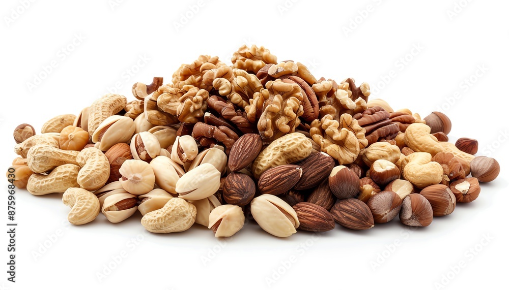 Assortment of mixed nuts on a white background, closeup, soft natural light, high detail Assortment of mixed nuts on a white background, closeup, soft natural light, high detail