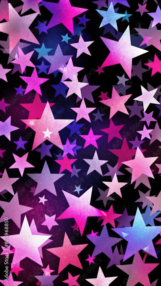 A collection of stars in varying shades of pink, purple, and blue, arranged against a black background. A collection of stars in varying shades of pink, purple, and blue, arranged against a black background.