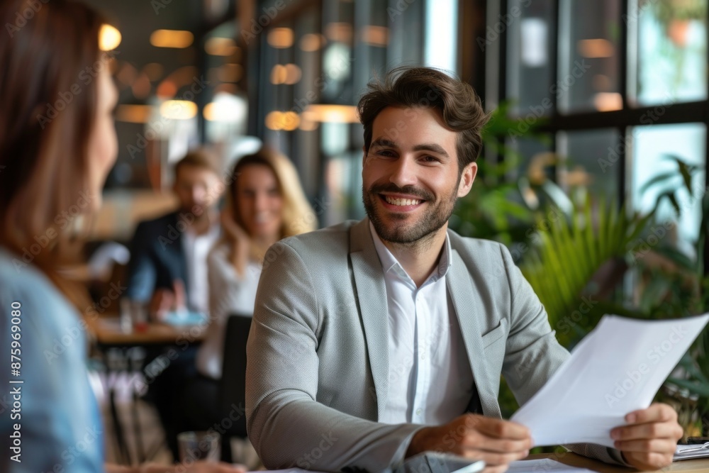 A beautiful business man sitting on a meeting next to a table with her colleagues and handing a paper to someone A beautiful business man sitting on a meeting next to a table with her colleagues and handing a paper to someone