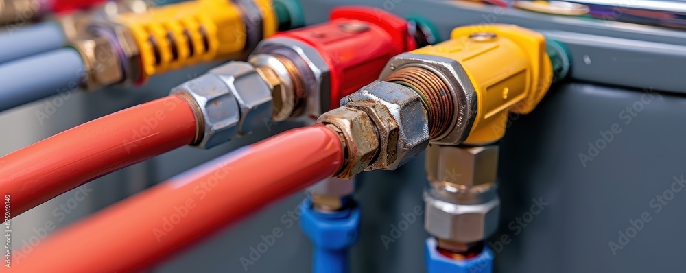 Closeup of Colorful Industrial Pipe Fittings and Connections Closeup of Colorful Industrial Pipe Fittings and Connections