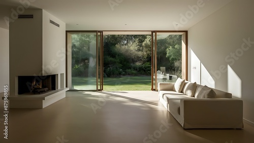 Empty living room with a fireplace and glass sliding door