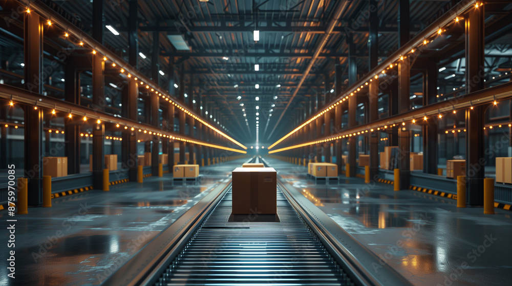 Automated warehouse with cardboard boxes on conveyor belt Automated warehouse with cardboard boxes on conveyor belt