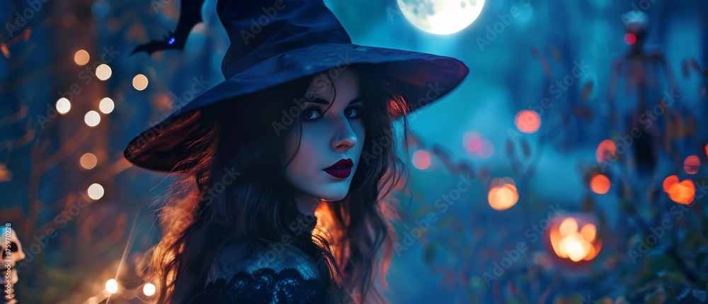 A mysterious witch in a dark enchanted forest, lit by glowing jack-o'-lanterns and the full moon, surrounded by eerie skeletal figures and Halloween lights A mysterious witch in a dark enchanted forest, lit by glowing jack-o'-lanterns and the full moon, surrounded by eerie skeletal figures and Halloween lights
