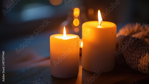 Lit candles placed on wooden surface with soft, warm lighting