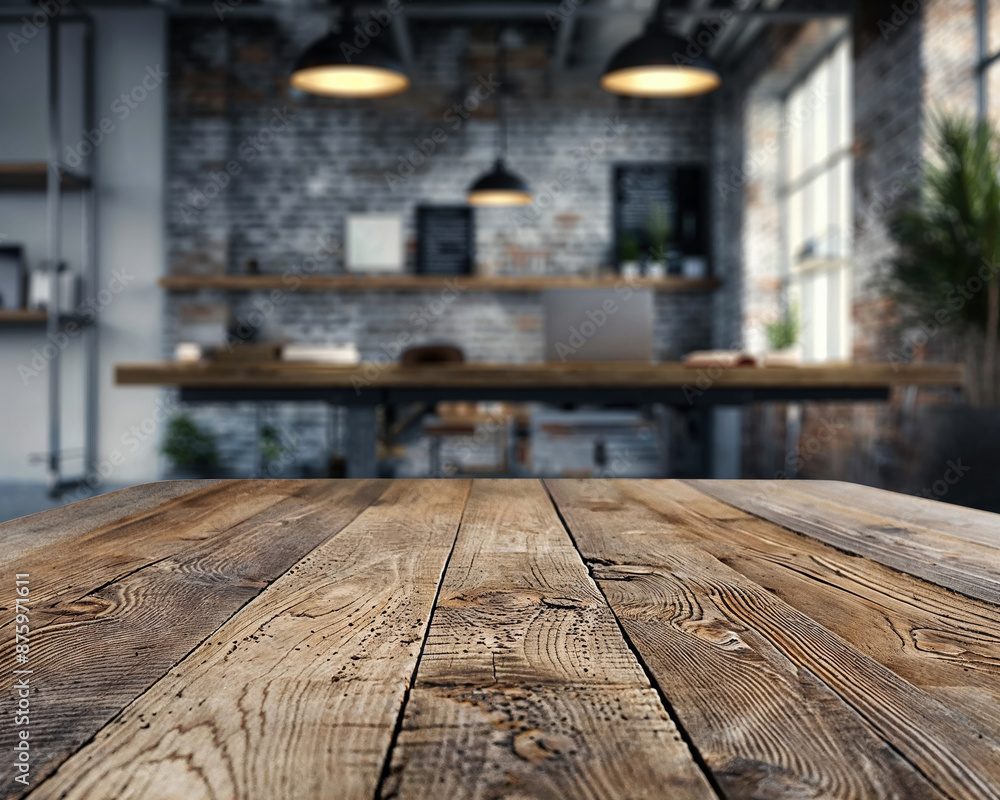 Empty wooden desk presenting modern open space office background for product placement