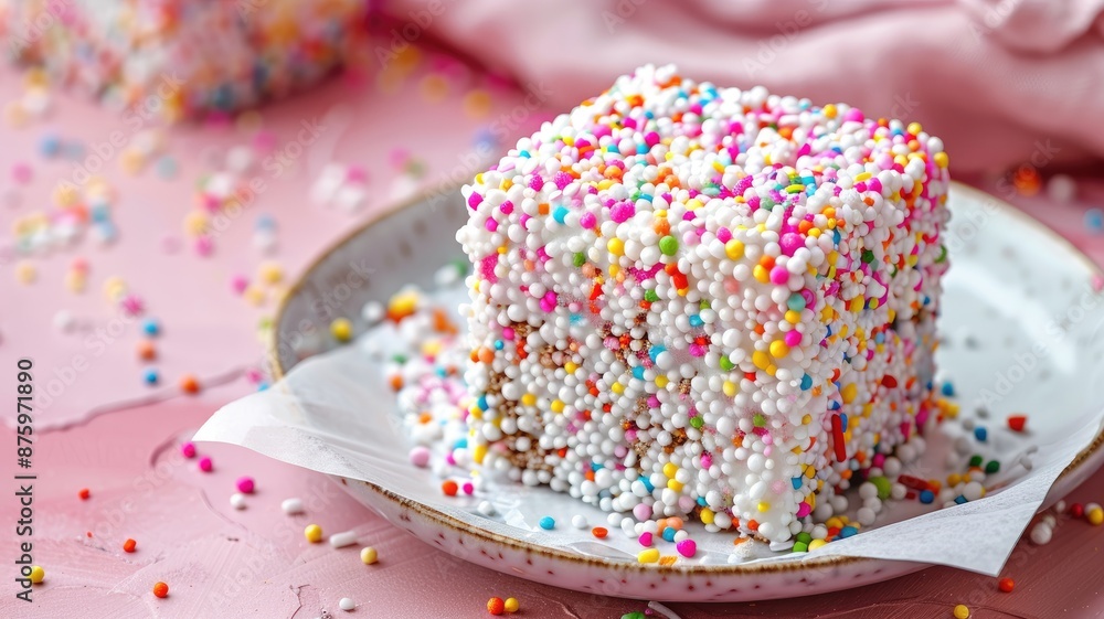 Colorful square cake covered with small round sprinkles on pink background