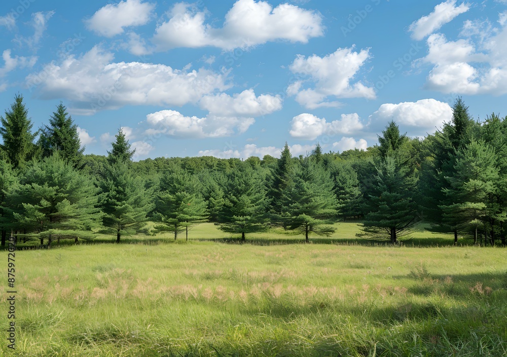 Fototapeta premium Green Meadow with Pine Trees Under Blue Sky