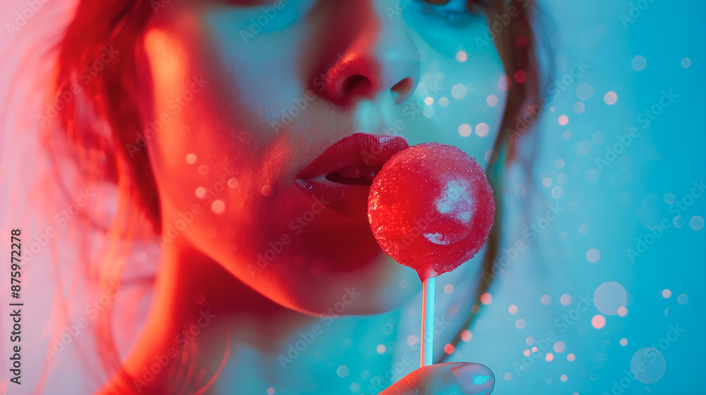 Woman holding delicious lollipop candy in her hands.
Woman holding delicious lollipop candy in her hands.