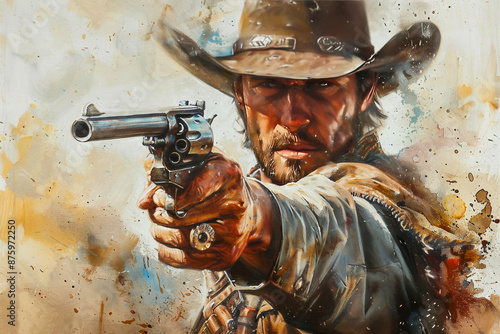 Rough Gunslinger.  Generated image.  A digital illustration of a painting of a rough gunslinger of the old West.  