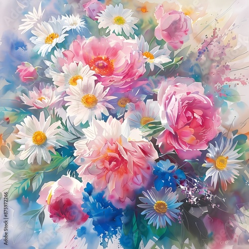 18w roses, daisies, peonies, watercolor, pastel colors, bright light photo