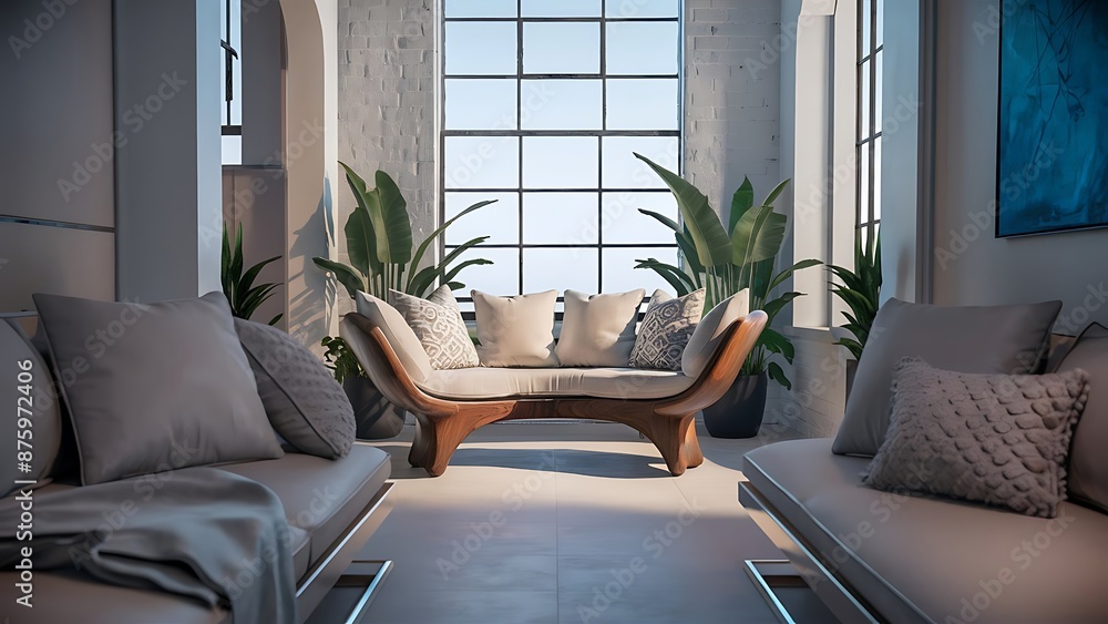 Fototapeta premium home interior background, nomadic living room with bench and decor. 3d render