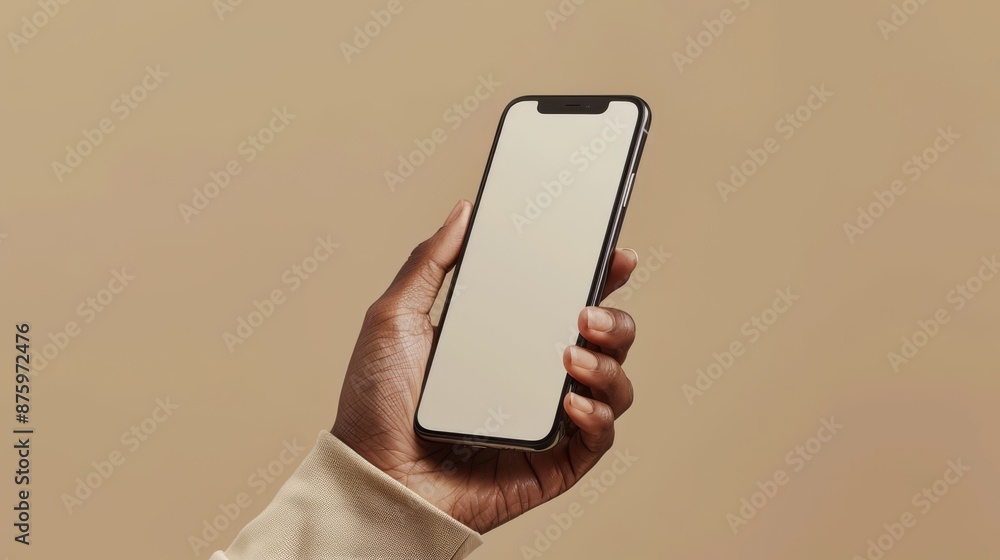 Hand holding phone slight angle gen z klarna neutral background