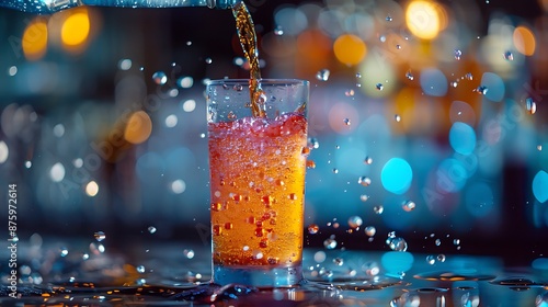 A dynamic shot of an energy drink being poured into a glass, with vibrant bubbles and effervescence capturing the refreshing burst of energy.