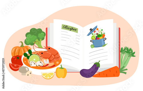 Set of cooking soup, recipe book and vegetables. Recipes, homemade food, food preparation, learning concept vector illustration for poster, banner.