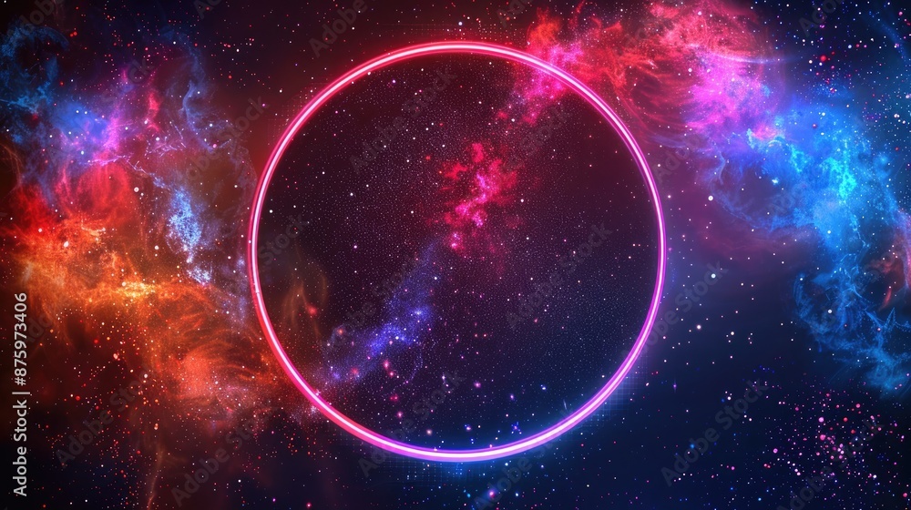 Neon round frame with space portal and sparkle stars on abstract background Neon round frame with space portal and sparkle stars on abstract background