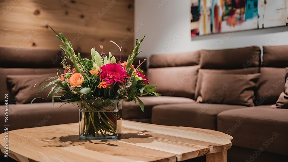 Flowers in vase on wooden coffee table in fashionable living room interior with brown corner sofa with pillows and abstract Flowers in vase on wooden coffee table in fashionable living room interior with brown corner sofa with pillows and abstract