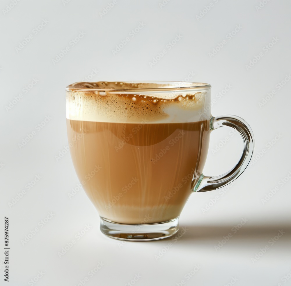 Front view one glass cup with handles filled with cortado in white background product photography