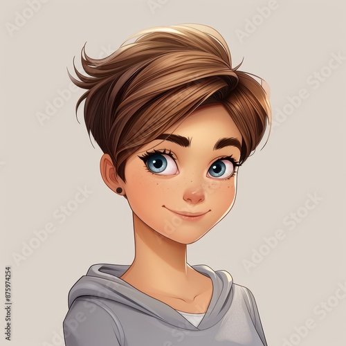 Illustration of a brave, strong girl with tomboyish hair, perfect for childrens books or animations. photo