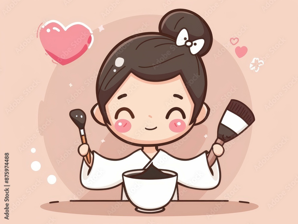 Charming manga chibi girl applies black clay mud mask with a brush in a cute skincare routine illustration. Charming manga chibi girl applies black clay mud mask with a brush in a cute skincare routine illustration.