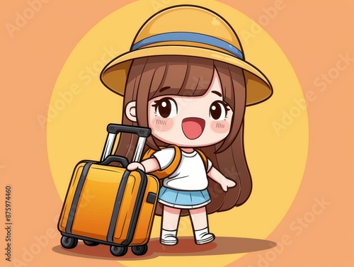 Adorable manga chibi illustration of an excited girl carrying a suitcase for a holiday trip.