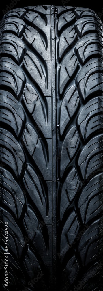 Extreme close up of a tire structure clean dry and glossy dark symmetrical frontal view sophisticated studio photography black background