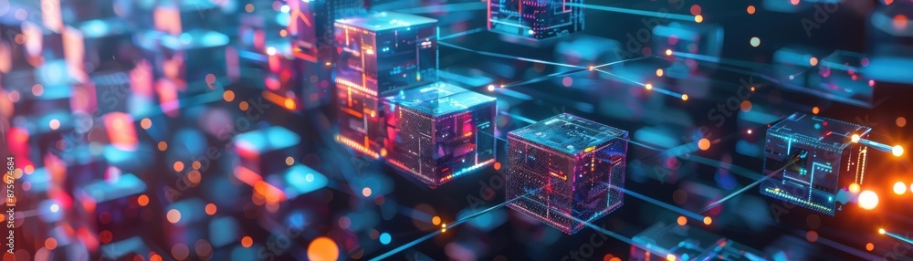 Fototapeta premium Hyper realistic blockchain structure with interconnected blocks glowing in neon lights, hightech environment, digital futuristic concept