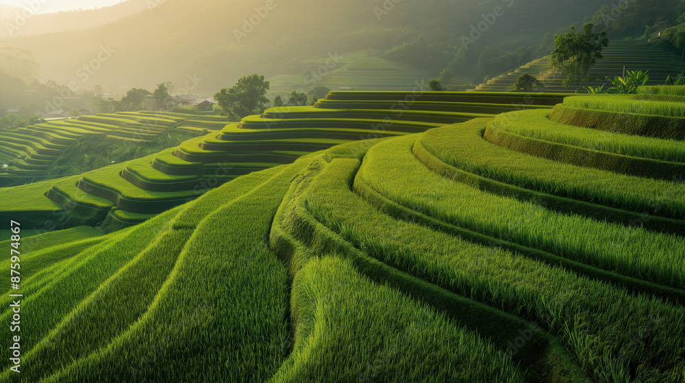 Aerial view of green rice fields. Agricultural landscape in Asia captured by drone. Green field, place for nature travel. Plantation agriculture, rice. Aerial view of green rice fields. Agricultural landscape in Asia captured by drone. Green field, place for nature travel. Plantation agriculture, rice.