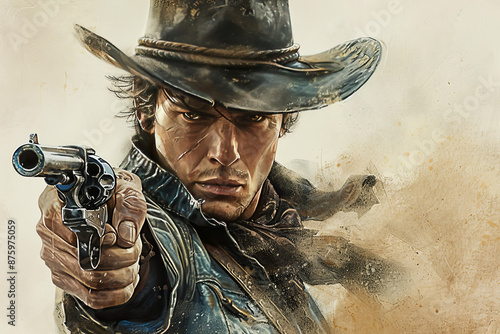 Rough Gunslinger.  Generated image.  A digital illustration of a painting of a rough gunslinger of the old West.  