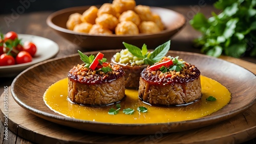 Delicious tempeh dish with yellow sauce, tomatoes, and basil, garnished with parsley and red pepper flakes, on a wooden plate.