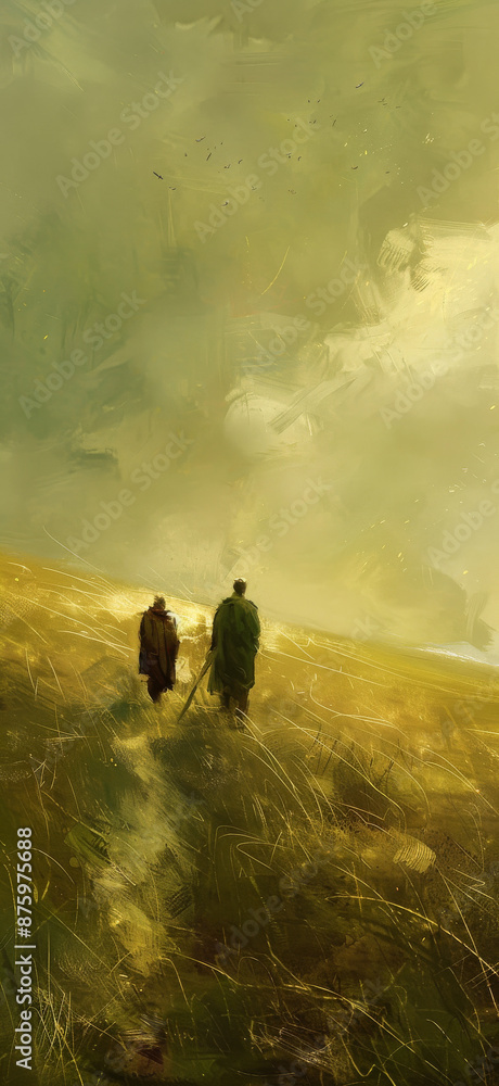 Fototapeta premium Two Characters Walking in Field, Light Green Style