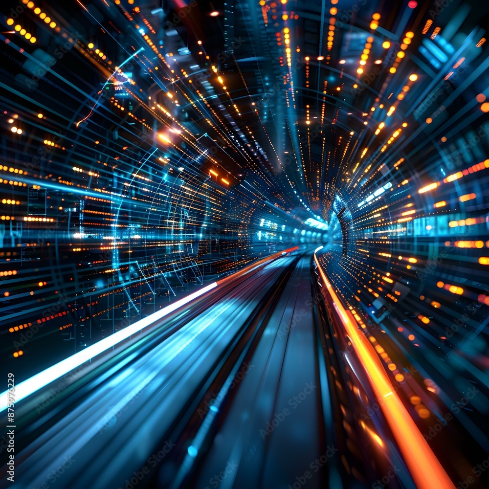 Fototapeta premium Blue and orange glowing technology tunnel