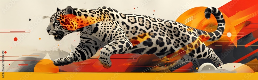 Naklejka premium Jaguar is running with a colorful design behind it. This illustration would be perfect for a nature or design project. Panoramic header with wild animal