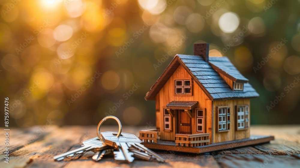 A charming miniature tiny house model with a set of silver keys beside it, representing the dream of owning a cozy small home in the real estate market A charming miniature tiny house model with a set of silver keys beside it, representing the dream of owning a cozy small home in the real estate market