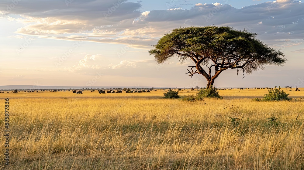 African Savanna Landscape at Sunset with a Single Acacia Tree African Savanna Landscape at Sunset with a Single Acacia Tree
