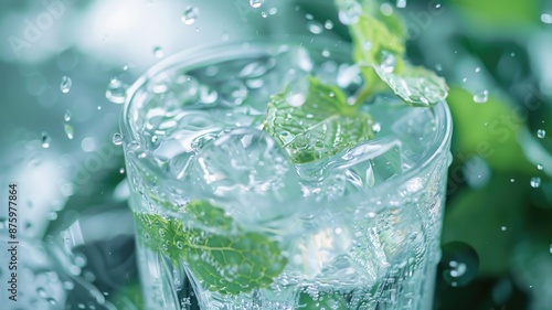 Close-up of ice-cold water with mint leaves in a glass, droplets of water visible on the glass.