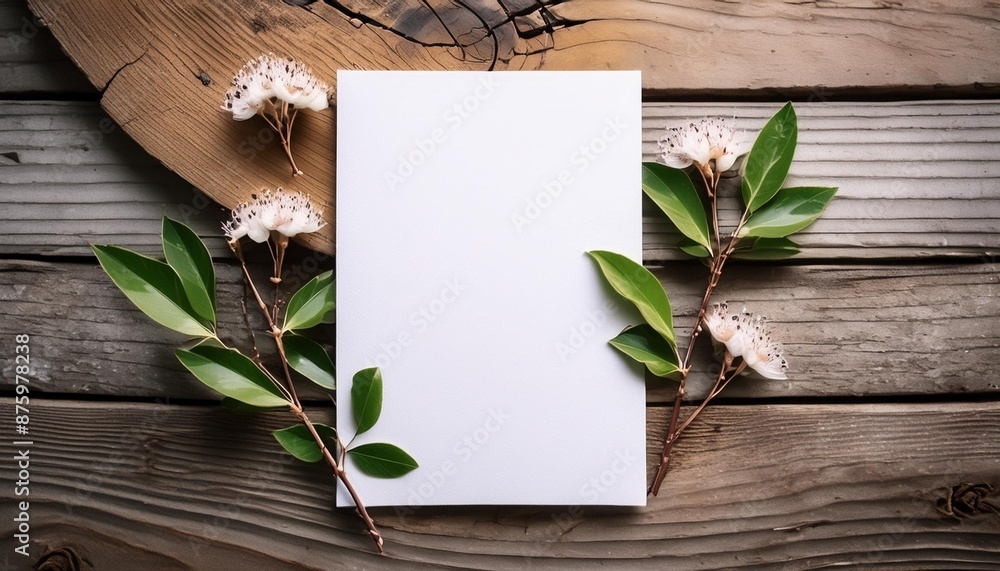 A mockup of a blank white paper sheet on a rustic wooden background with space for text. A mockup of a blank white paper sheet on a rustic wooden background with space for text.