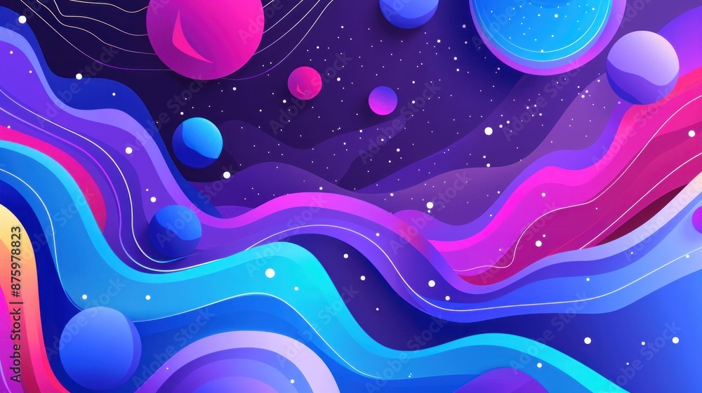 Abstract Cosmic Landscape with Wavy Lines and Planets Abstract Cosmic Landscape with Wavy Lines and Planets